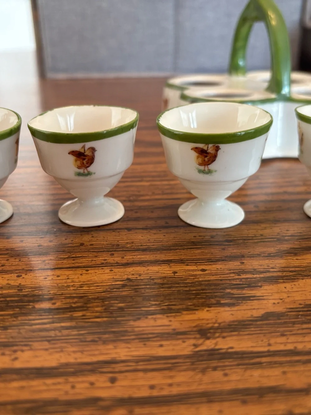 Ceramic Egg Cup Set with Green Trim and Rooster Motif